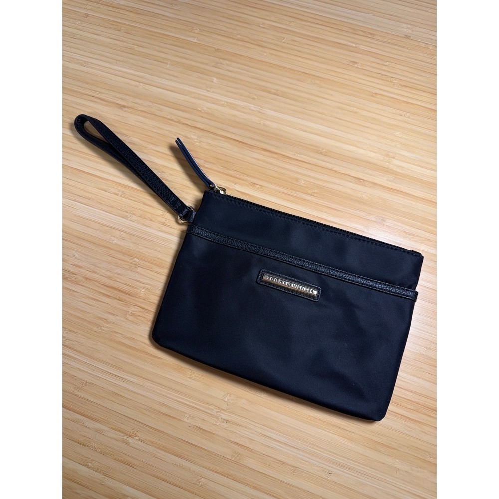 Tommy Hilfiger Black Wristlet Pouch Nylon Zip Clutch Cosmetic Bag